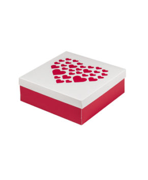 Коробка для зефира и пирожных с сердечками 20х20х7 см, бело-красная